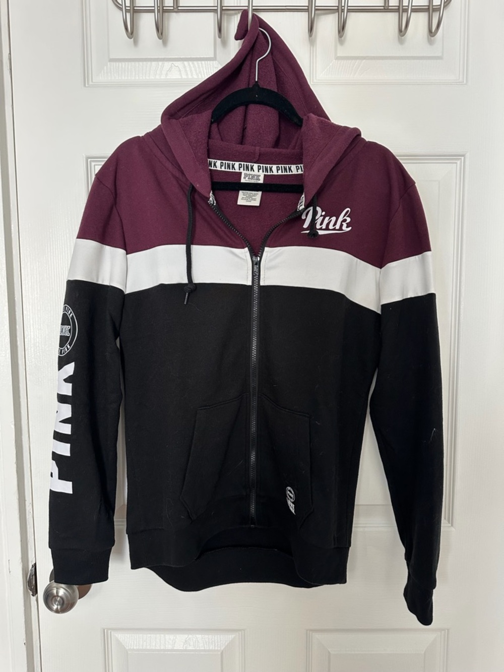 Victoria's Secret PINK Maroon, White & Black Zip-Up Hoodie
